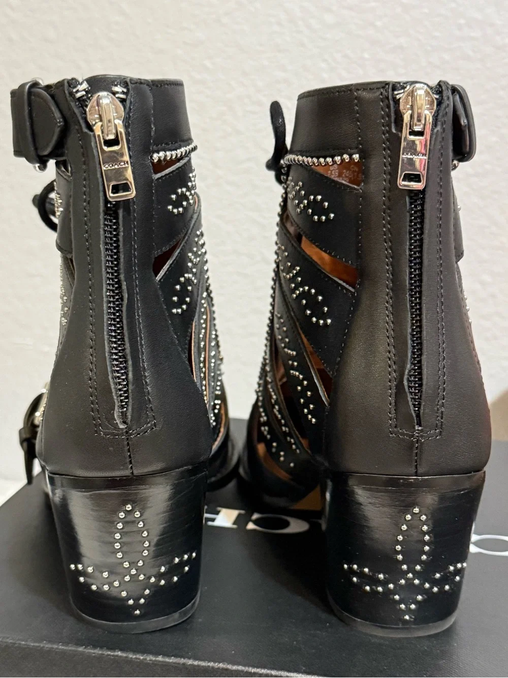 Coach Paisley Black Stud Lace up Leather Heel Boots size 7.5 NEW Rocker Concert